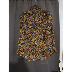Jordan Gold Floral Print Button Up, Women's Size 12, Sheer Blouse, Long Sleeve